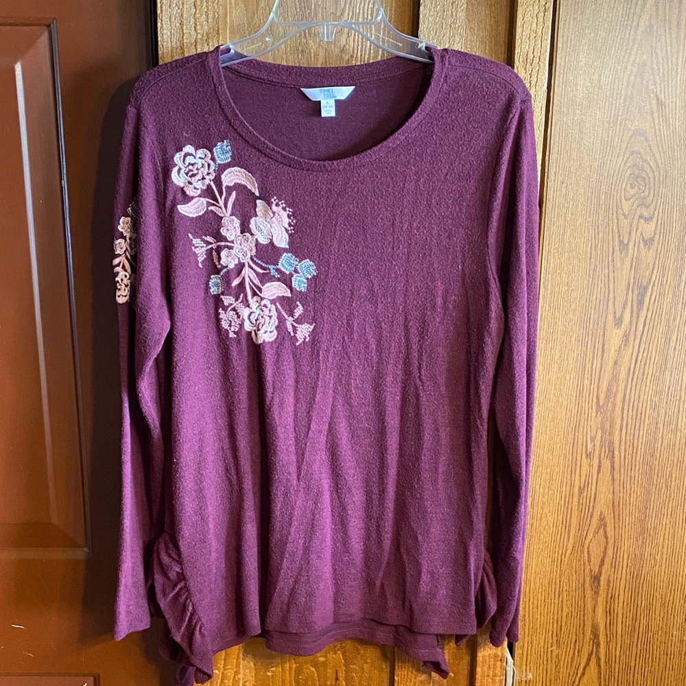 Time and Tru Burgundy Floral Embroidered Long-Sleeve Top